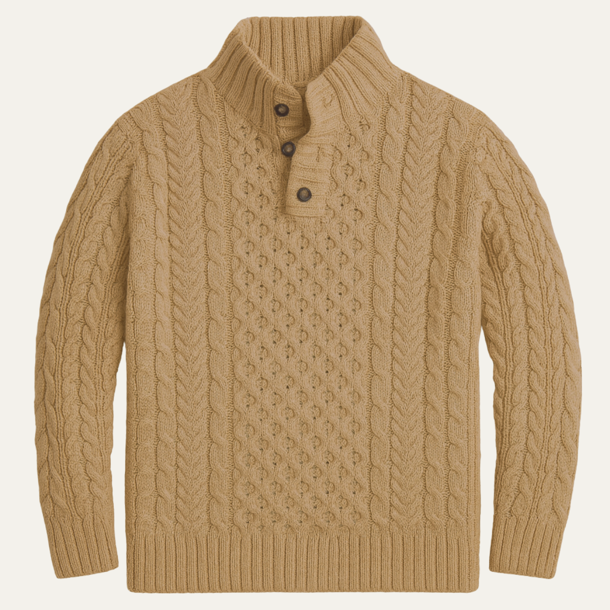 Men's chunky cable knit sweater in khaki with button placket and mock neck