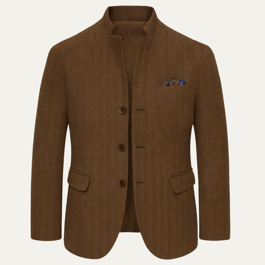 Men's brown tweed blazer jacket, single-breasted with notched lapels and chest pocket