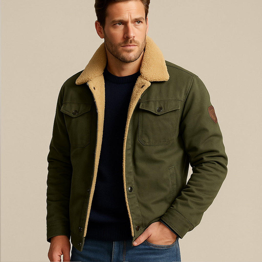 Men's fleece-lined winter coat in olive green with sherpa collar and chest pockets