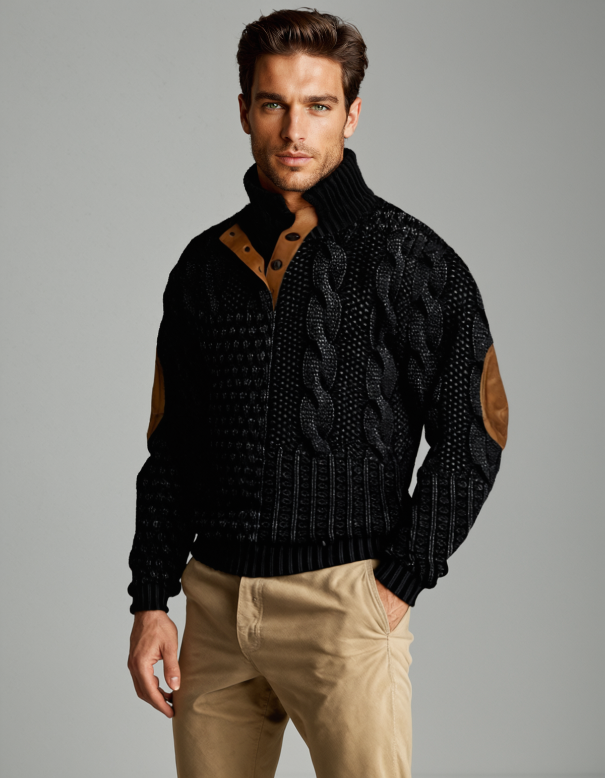 Men’s black cable knit sweater with leather-style collar tabs and ribbed hem