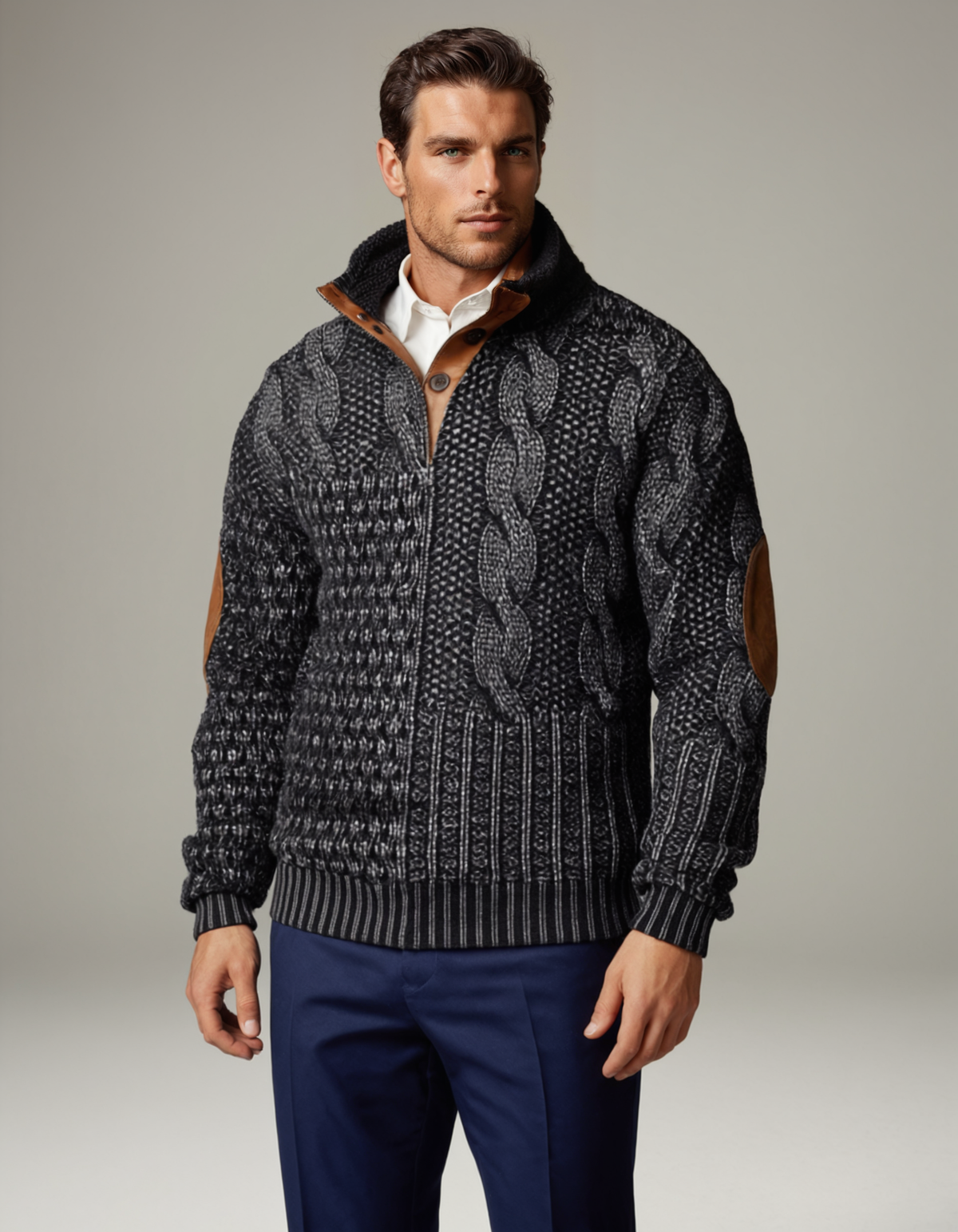 Men’s dark gray knit zip sweater with cable-knit front and ribbed cuffs and hem