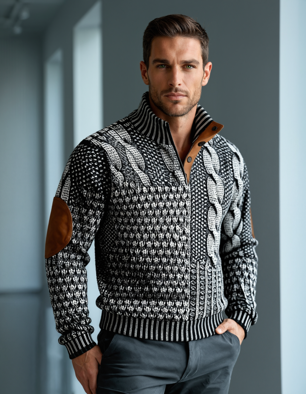 Men’s dark knit zip sweater with cable-knit front, leather-style collar trim, ribbed hem