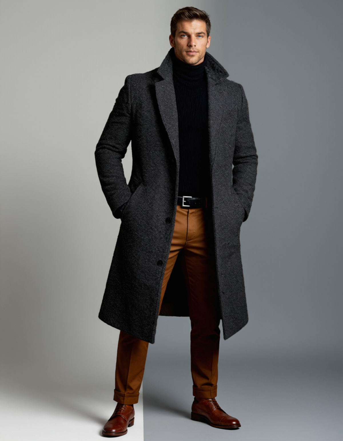 Men's cotton winter overcoat, charcoal gray, long single-breasted with notch lapels