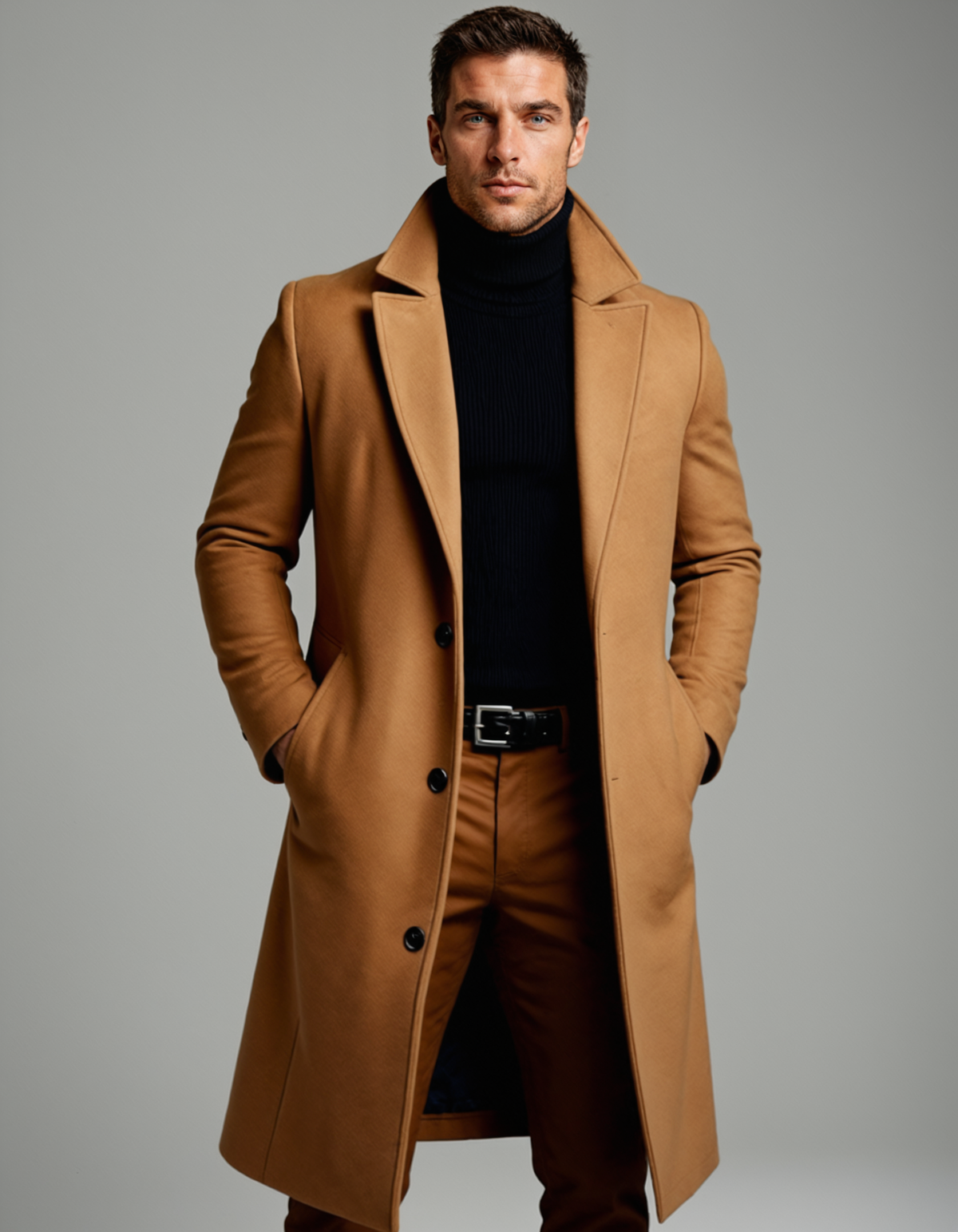 Men's cotton winter overcoat, camel tan, long single-breasted with notch lapels