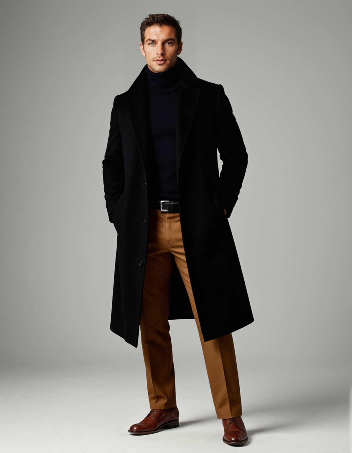 Men's cotton winter overcoat, black, long single-breasted with notch lapels