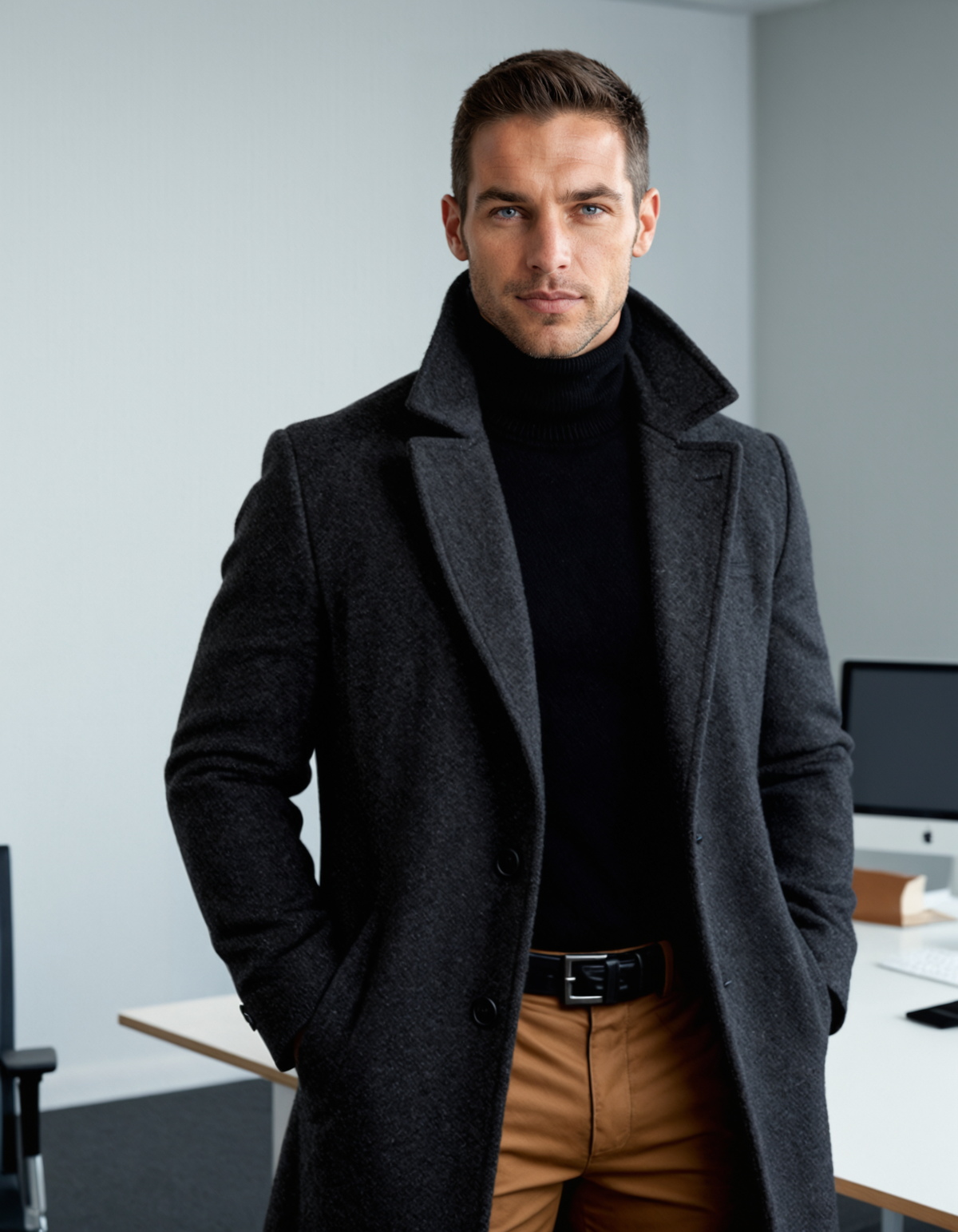 Men's cotton winter overcoat, dark gray close-up of lapels and button front