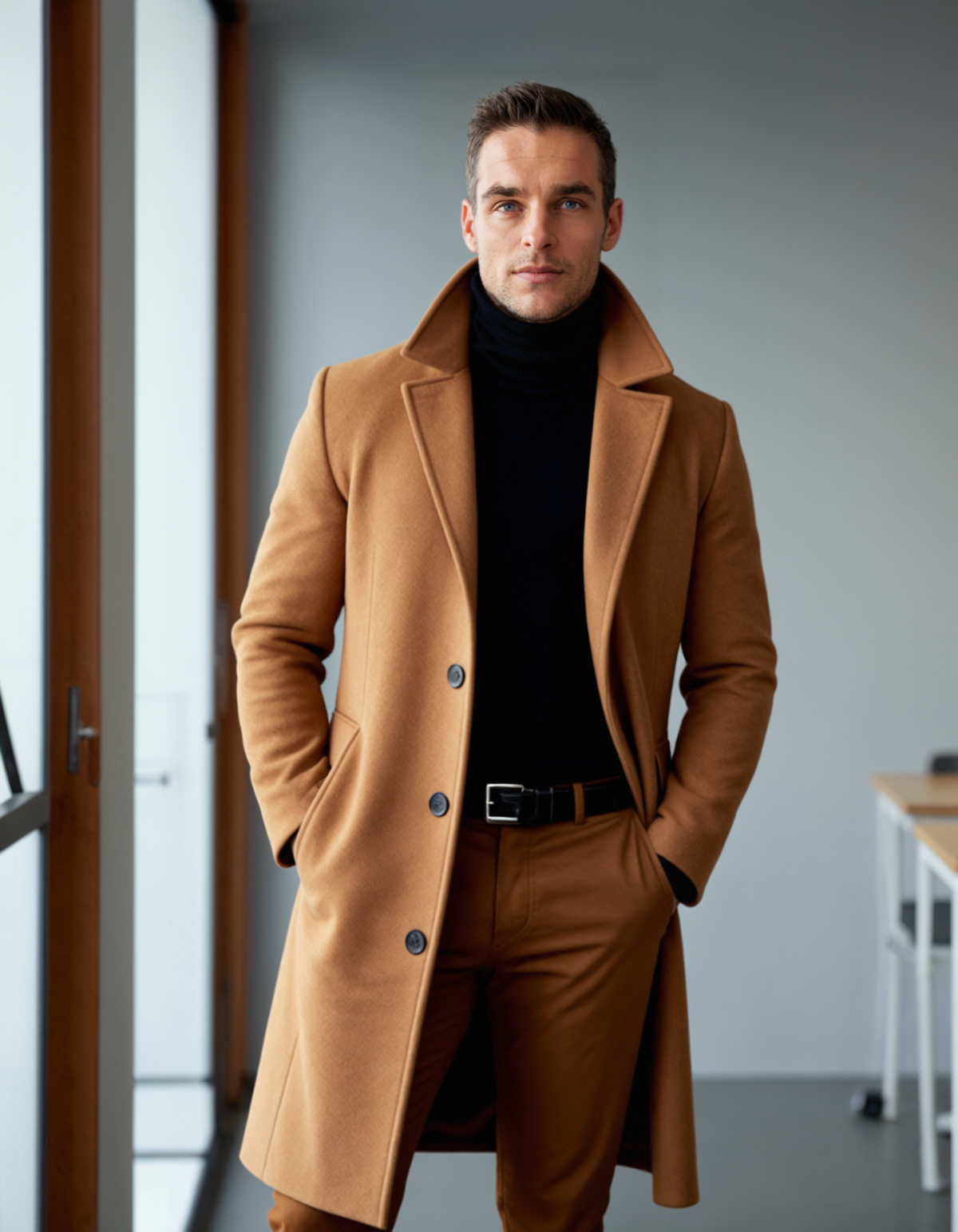 Men's cotton winter overcoat, camel tan, long single-breasted coat with notch lapels
