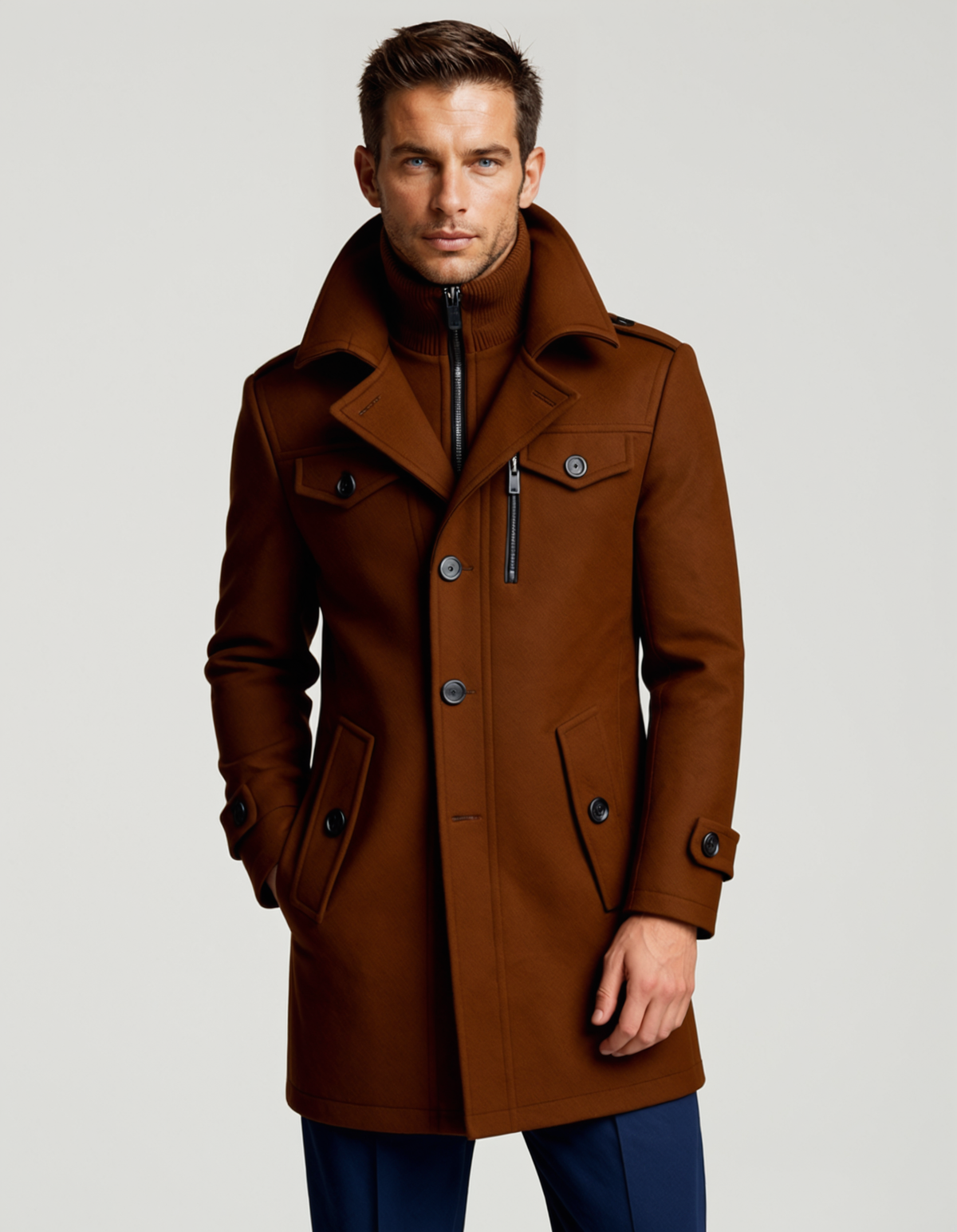 Men's khaki insulated winter coat with stand collar, zip front, double-breasted buttons