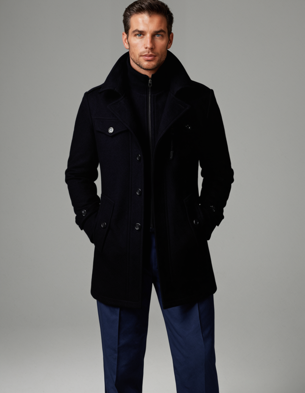 Men's black insulated winter coat with stand collar, zipper front and button placket