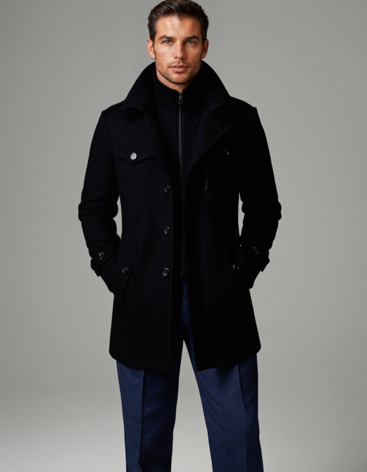 Men's black insulated winter coat with stand collar, zipper front and button placket