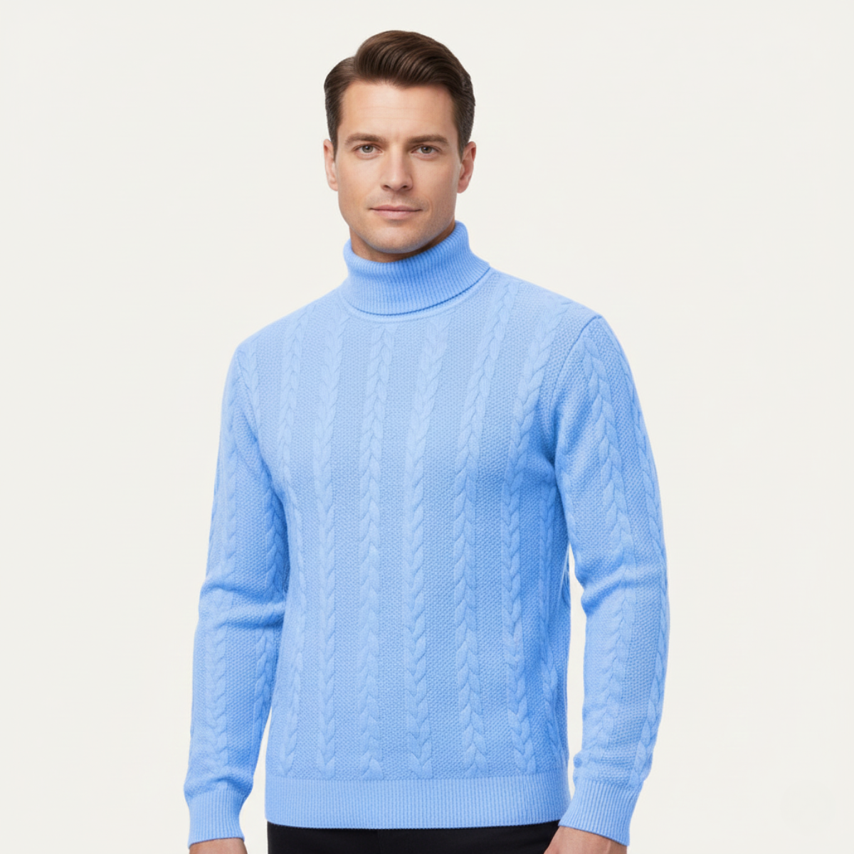 Men's light blue cable knit turtleneck sweater on model, long sleeves