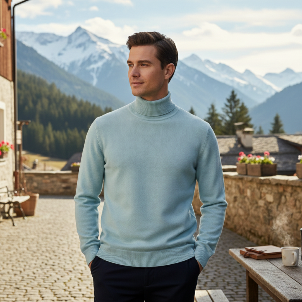 Light blue men's turtleneck sweater with long sleeves, relaxed fit