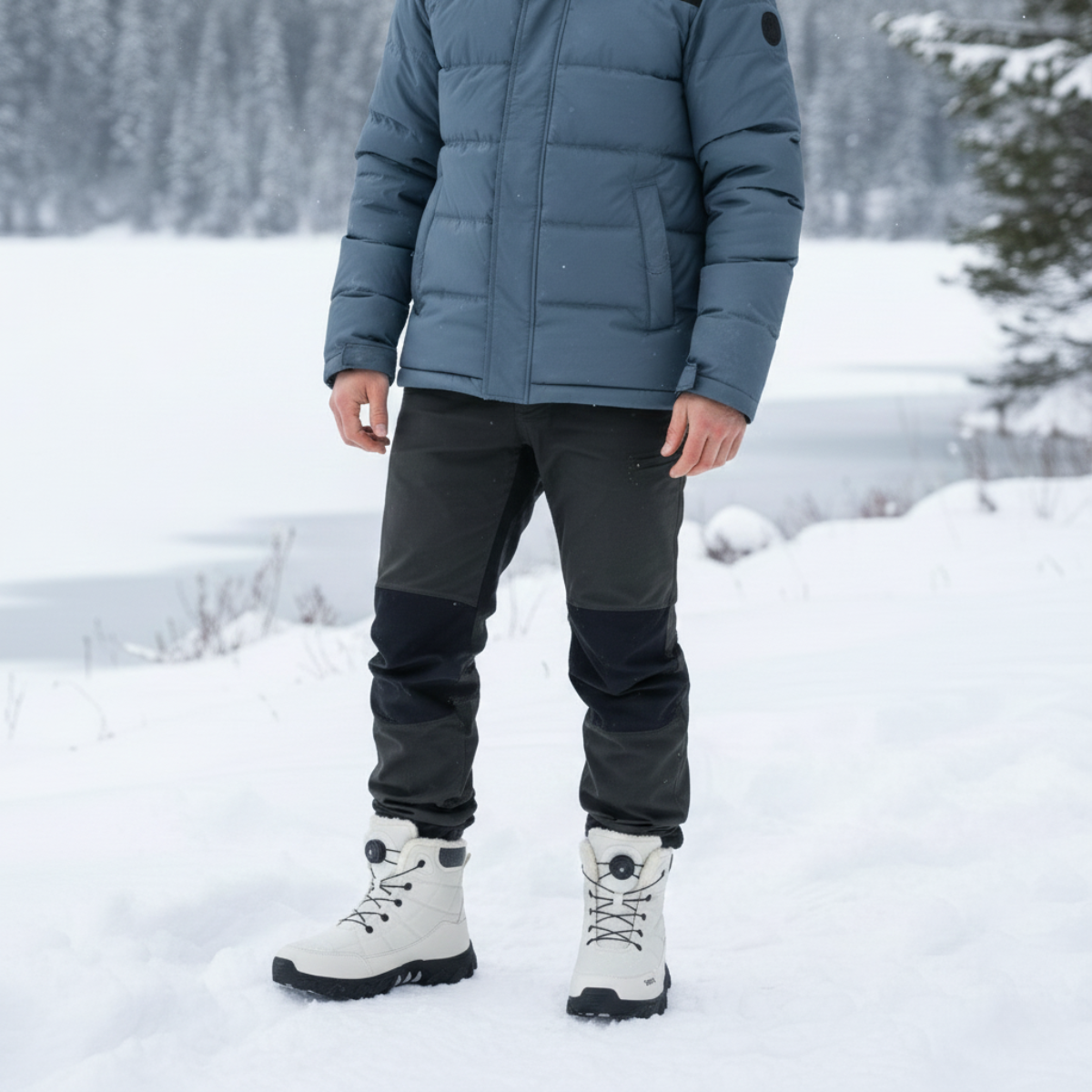 Men's white lace-up snow boots with plush lining and rugged tread sole