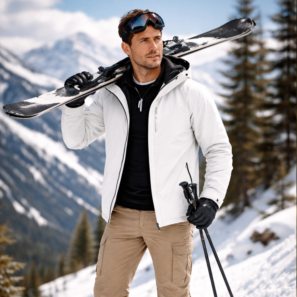 White hooded waterproof rain jacket with full front zipper and two side pockets