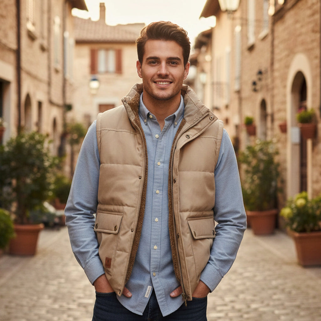 Men's fleece-lined winter vest, beige/tan, quilted puffer with button front pockets