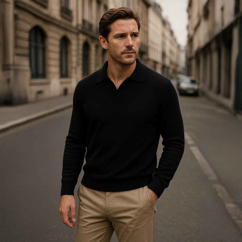 Men's black knitted long-sleeve open-collar polo sweater on model outdoors