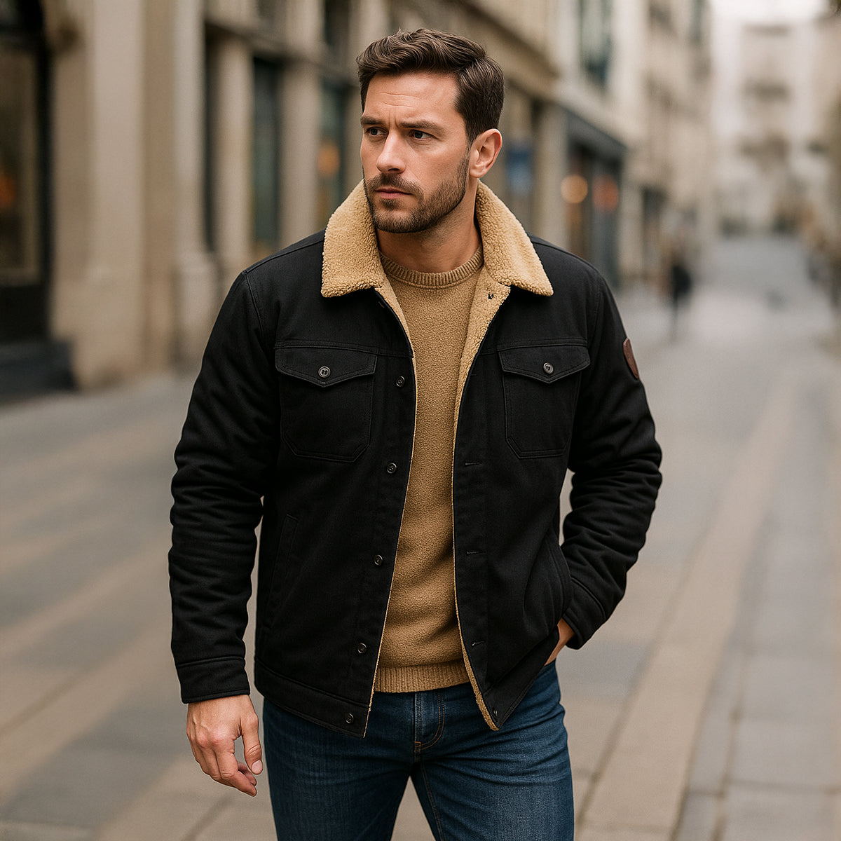Men's winter coat in black with tan sherpa lining and snap chest pockets