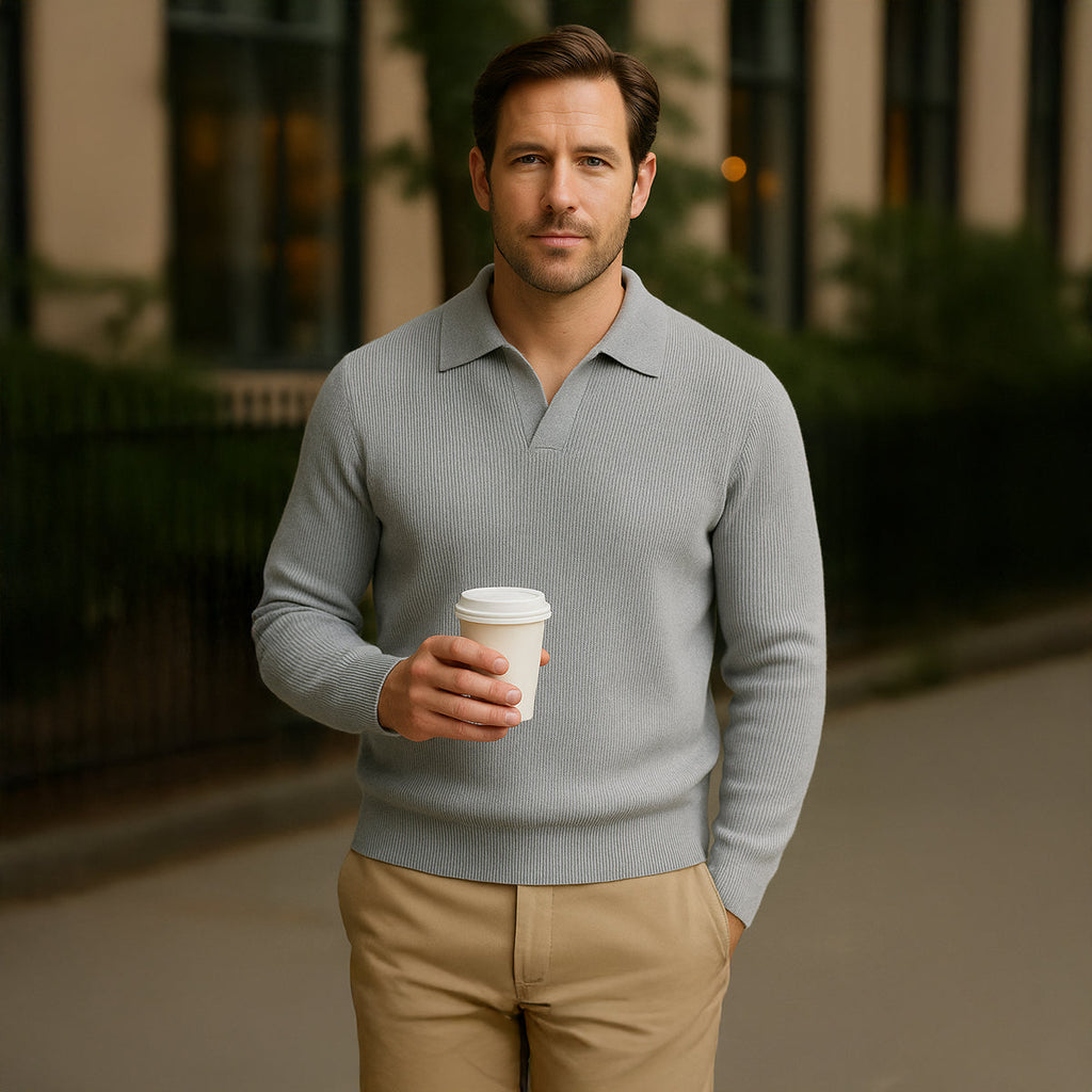 Men's gray knitted long-sleeve open-collar polo sweater with ribbed hem