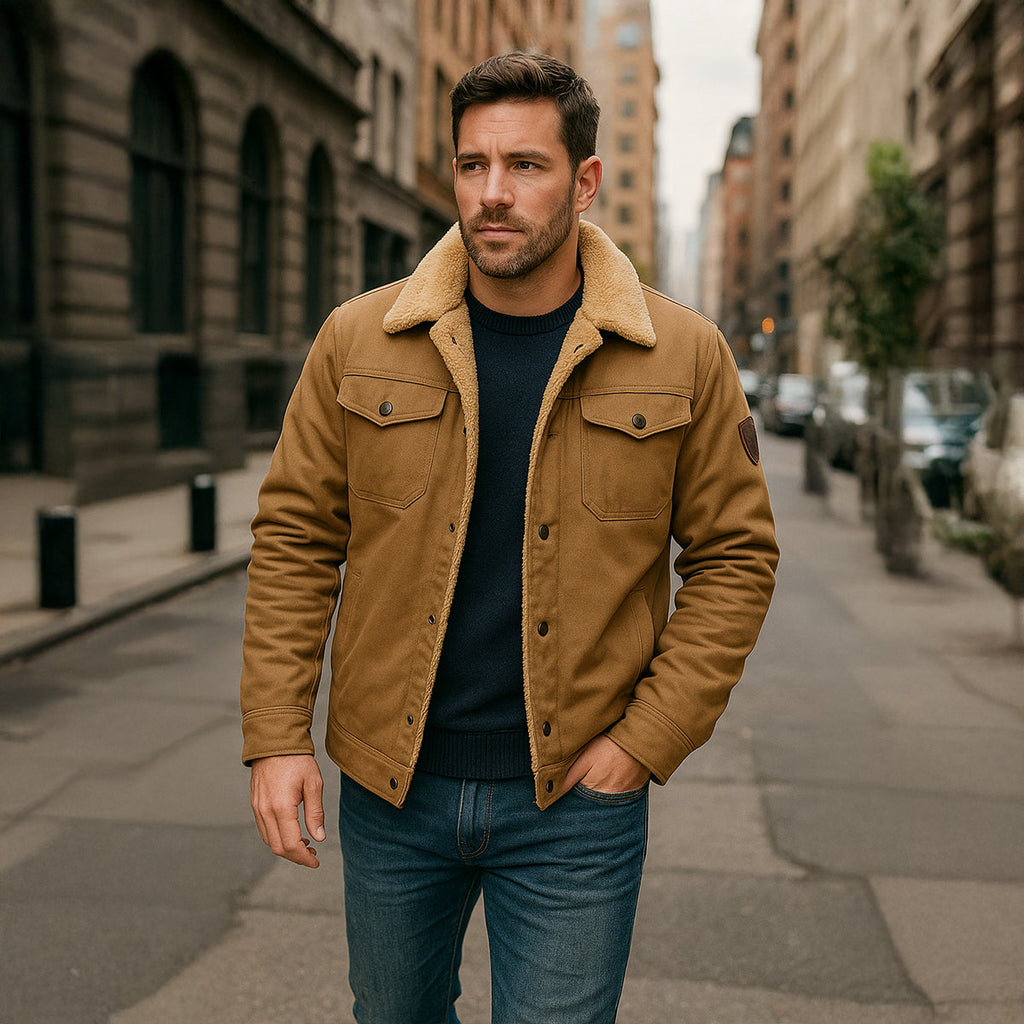 Men's fleece-lined winter coat in tan brown with sherpa collar and button front