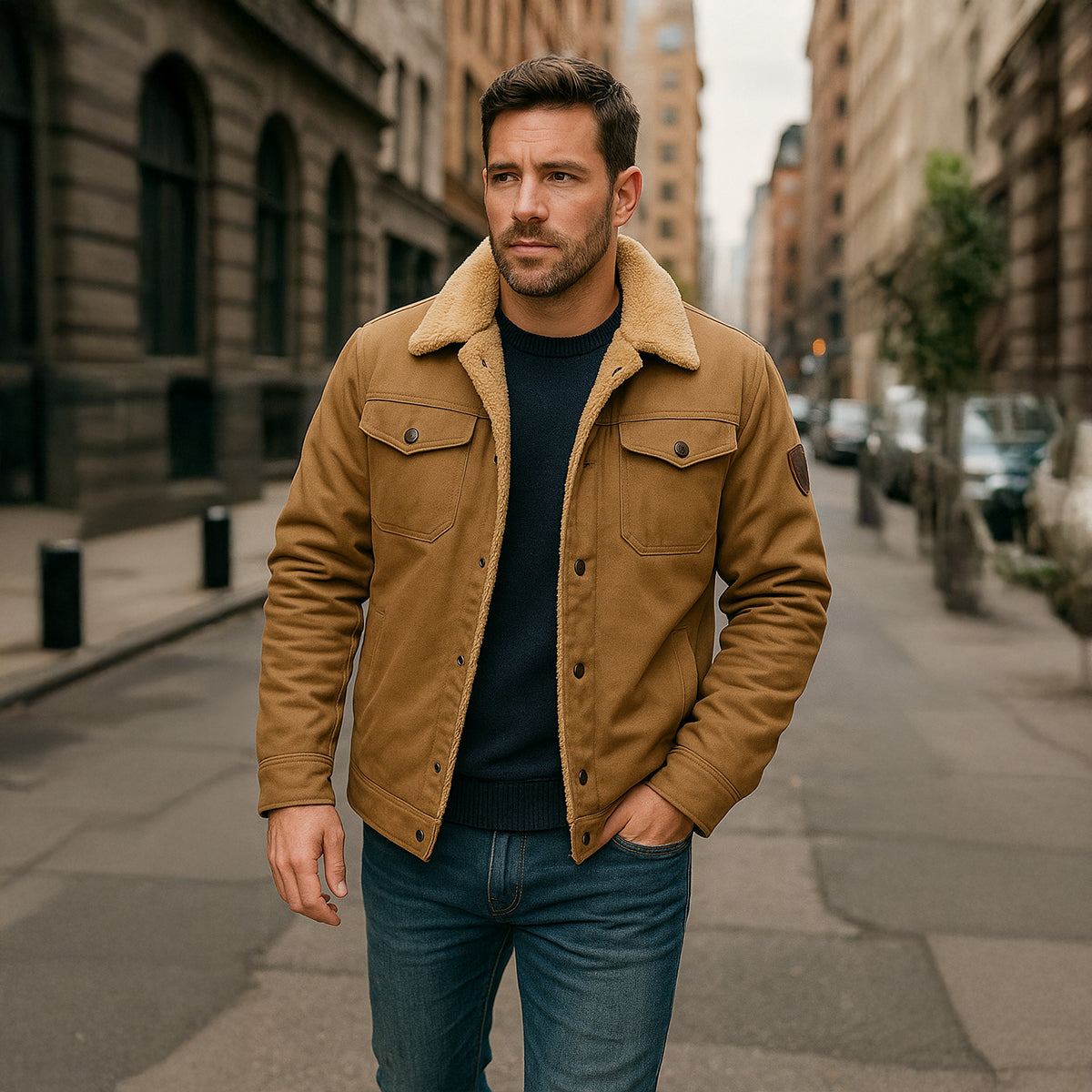Men's fleece-lined winter coat in tan brown with sherpa collar and button front