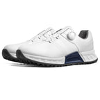 White lace-up golf shoes with perforated side panels, padded collar, and treaded outsole