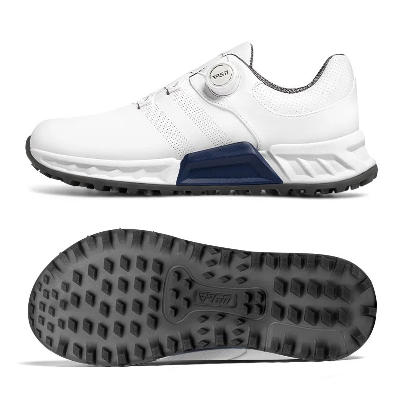 White golf shoes showing lace-up upper and black tread outsole with traction pattern