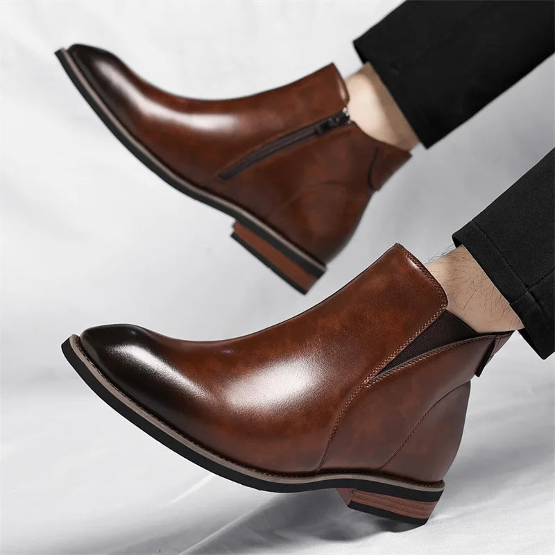 Brown Chelsea-style boots with elastic side gore and low stacked heel