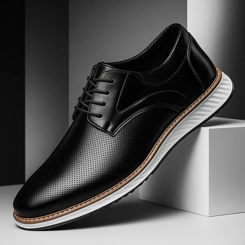 Black lace-up oxford shoes with perforated finish and white sole