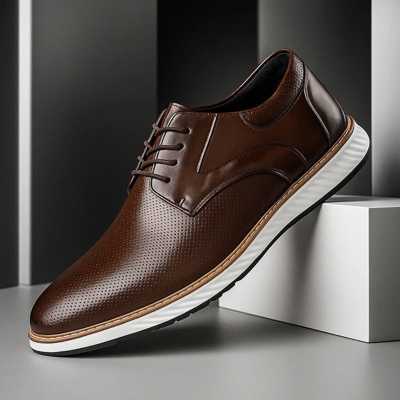 Brown lace-up oxford shoes with perforated finish and white sole