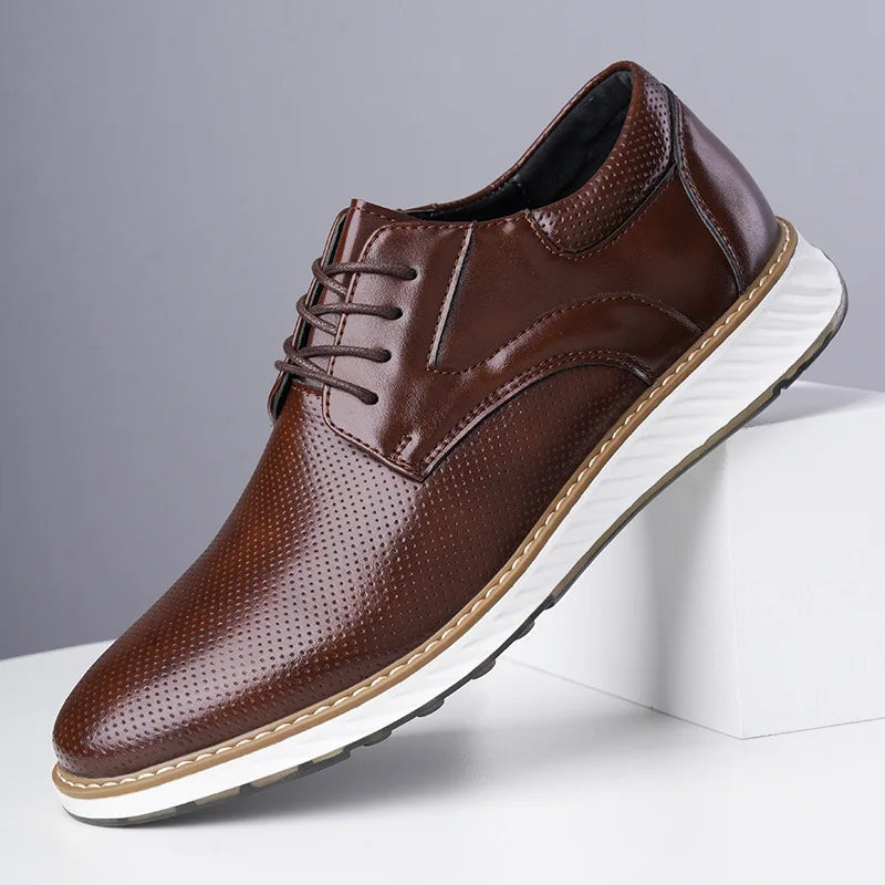 Brown lace-up oxford shoes with perforated finish and white sole, side view