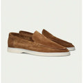 Men's caramel-brown suede slip-on loafers with moc toe seam and white sole