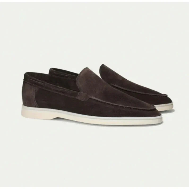 Men's dark brown suede slip-on loafers with moc toe and white rubber sole