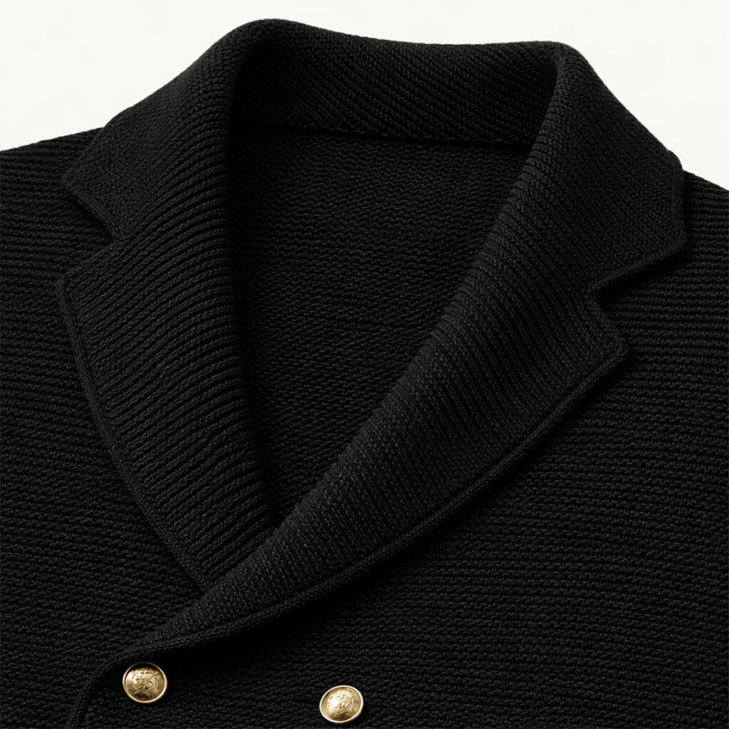 Men's black knit cardigan close-up of shawl lapel and front button placket