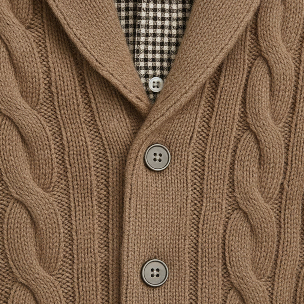 Men’s beige cable-knit cardigan close-up with button placket and shawl collar
