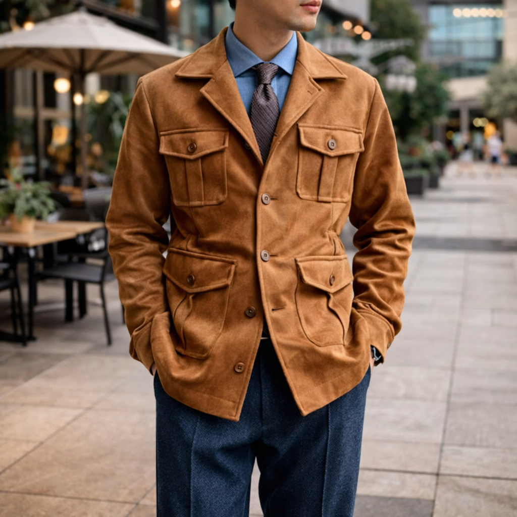 Brown suede utility jacket with flap pockets and buttoned front