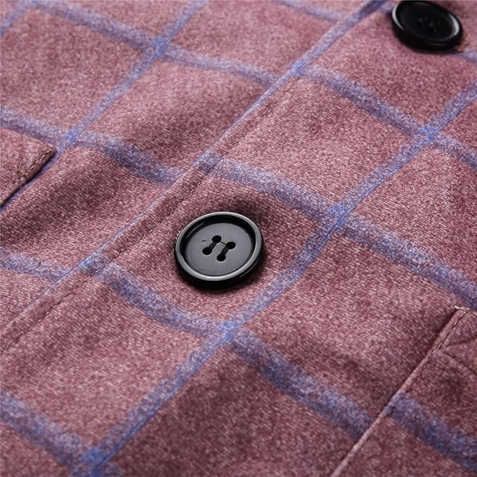 Burgundy plaid blazer button close-up on the double-breasted front