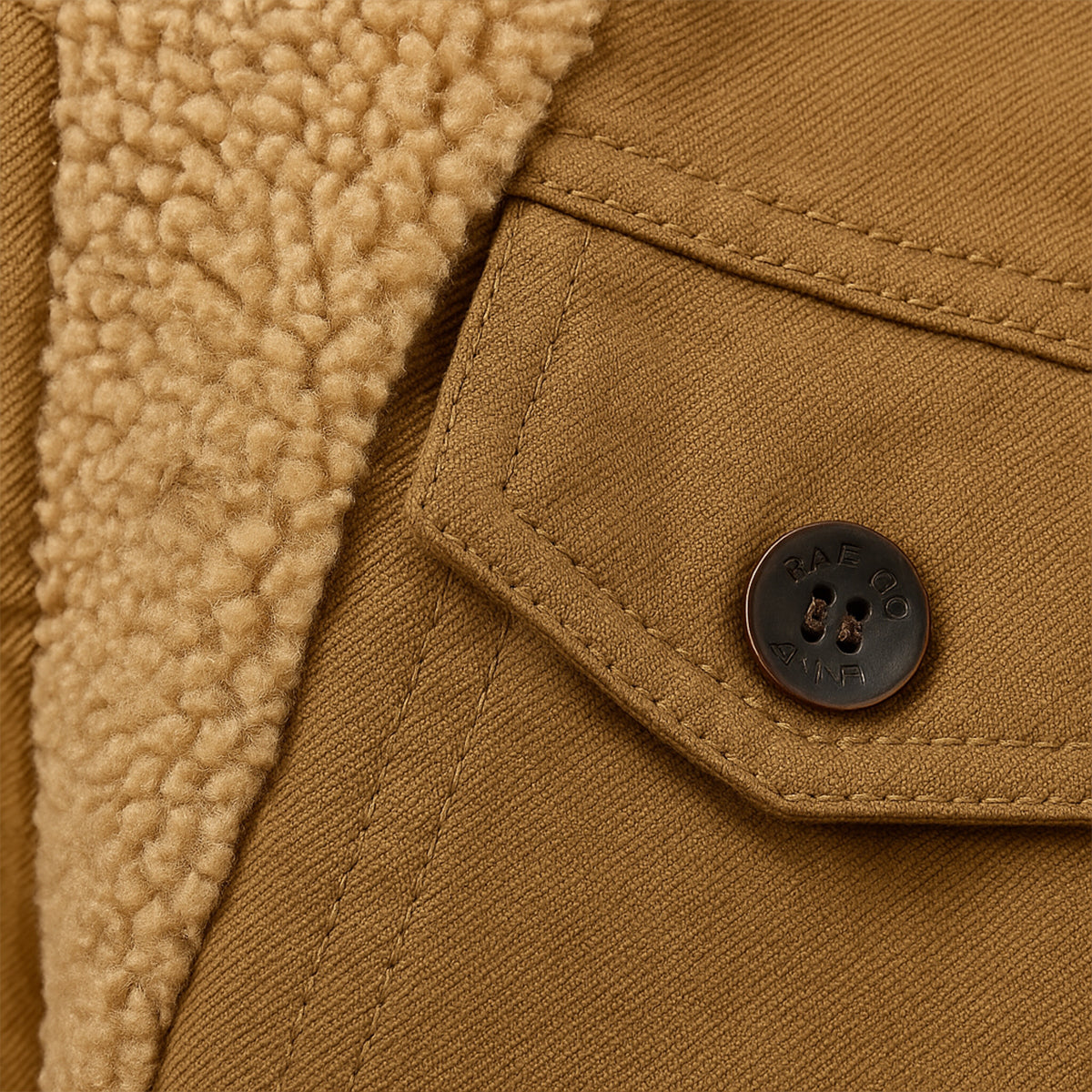 Close-up of tan sherpa lining and brown button placket on a men’s winter coat