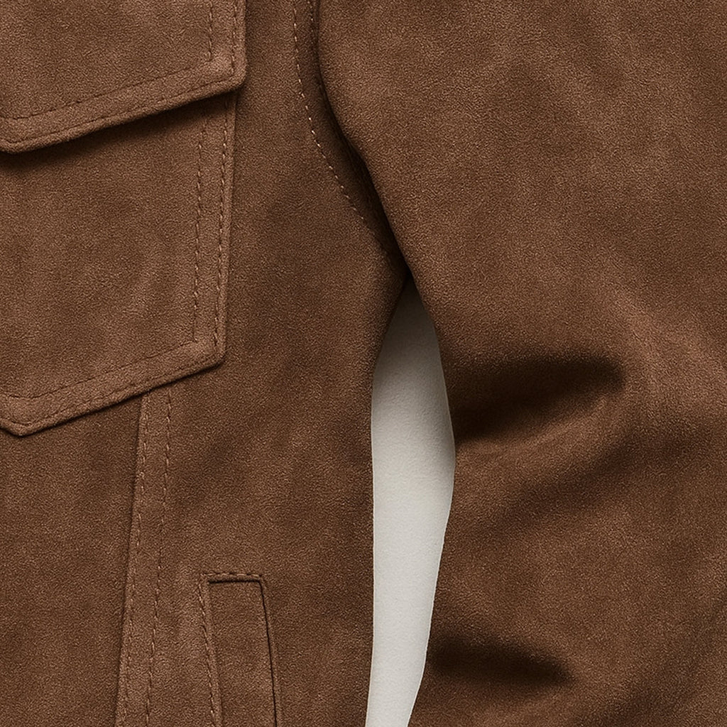 Men's suede cargo jacket, brown, close-up of flap pocket edge and stitching