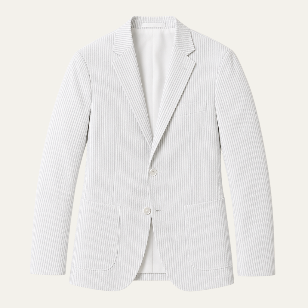 Off-white pinstripe men’s smart blazer with notch lapels, single-breasted buttons, pockets.