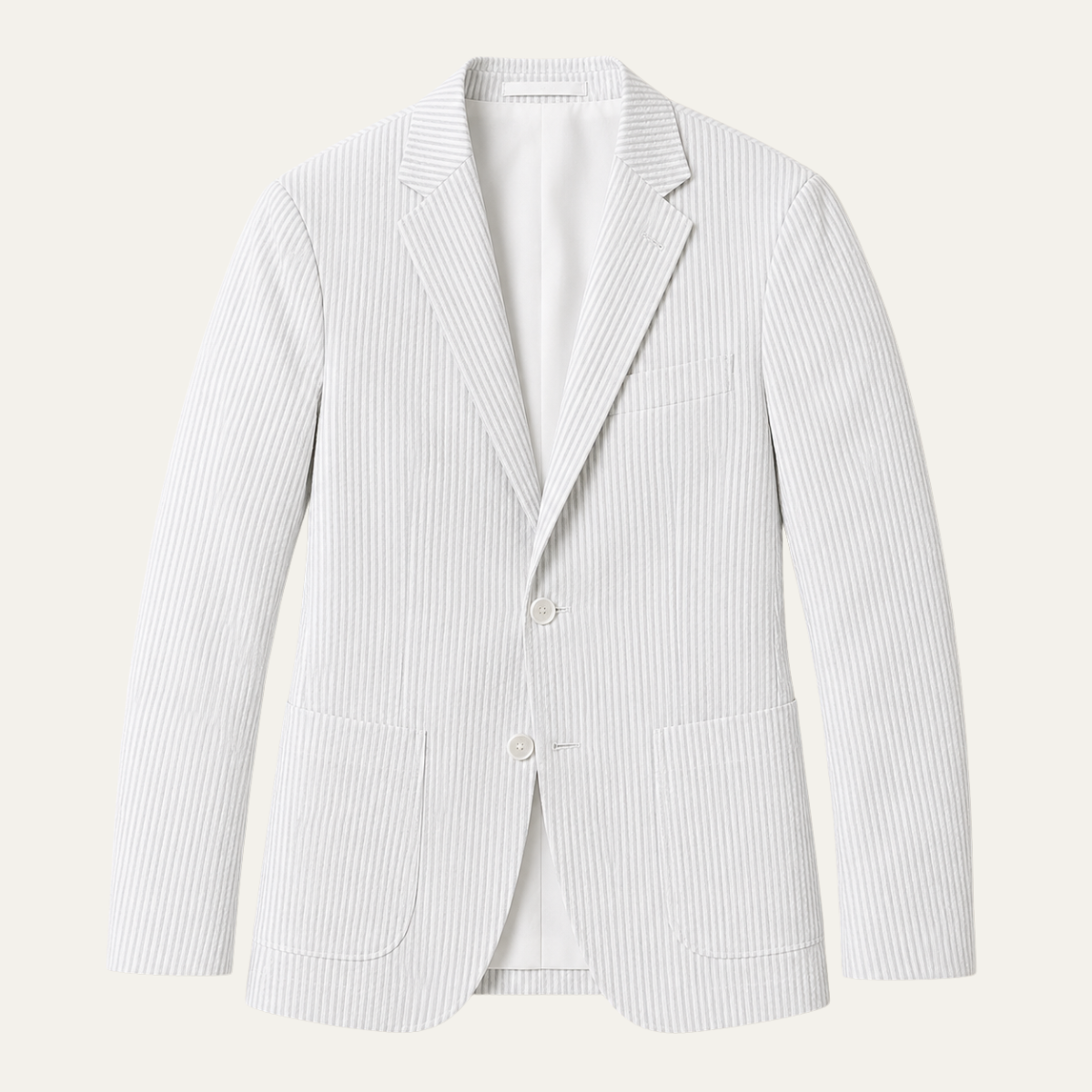 Off-white pinstripe men’s smart blazer with notch lapels, single-breasted buttons, pockets.