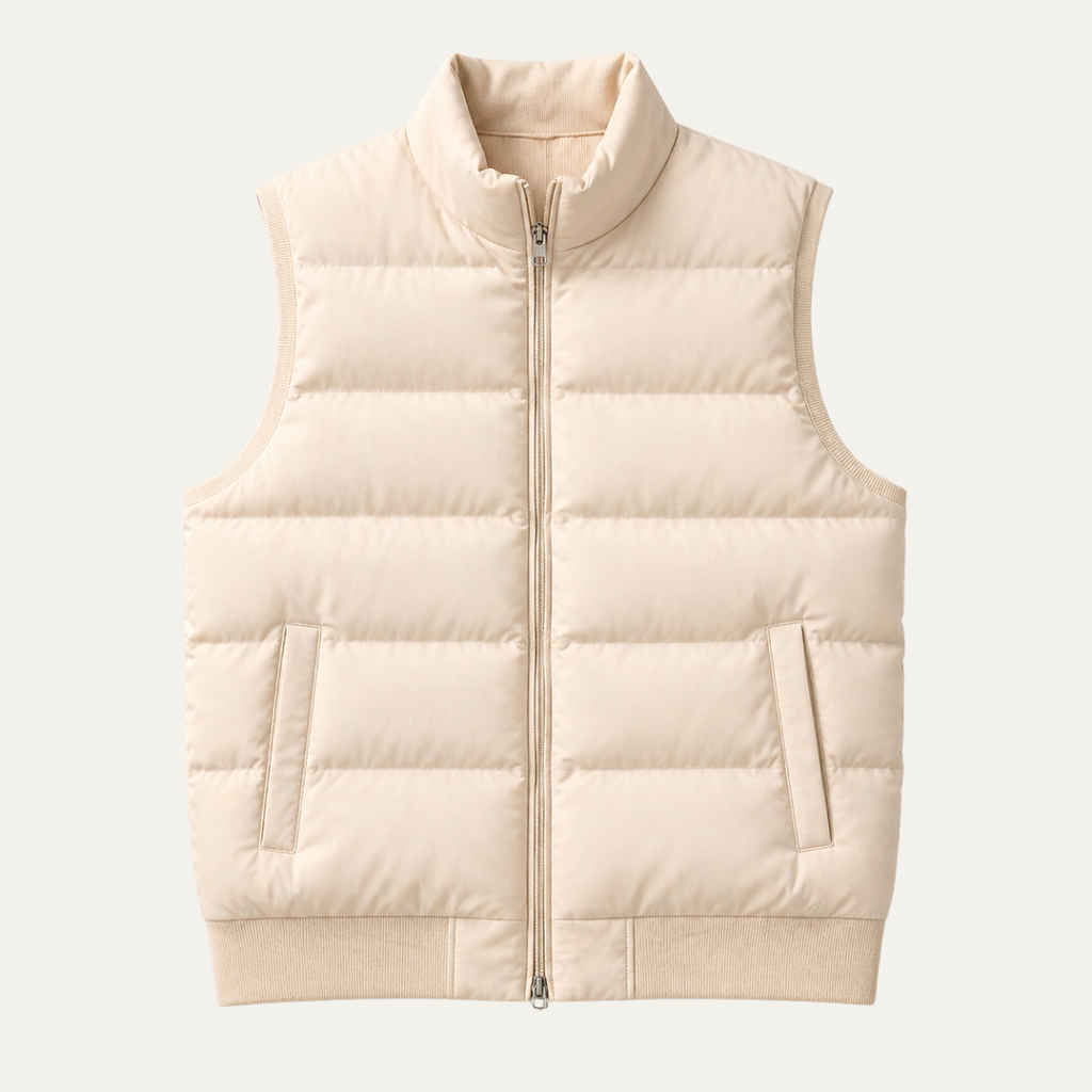 Beige lightweight down puffer vest with full-zip front and stand collar