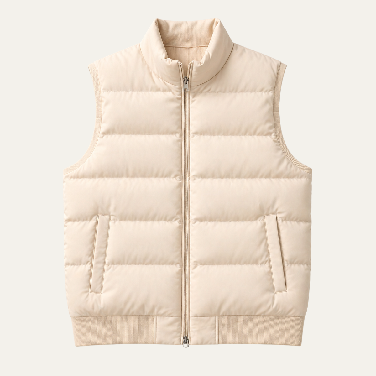 Beige lightweight down puffer vest with full-zip front and stand collar