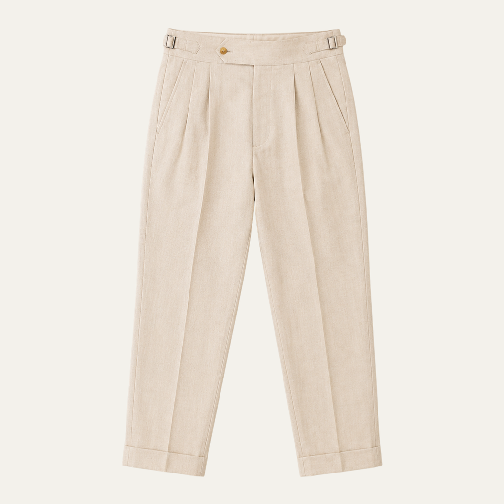 Beige men’s pleated linen tailored pants with belt loops and button fly
