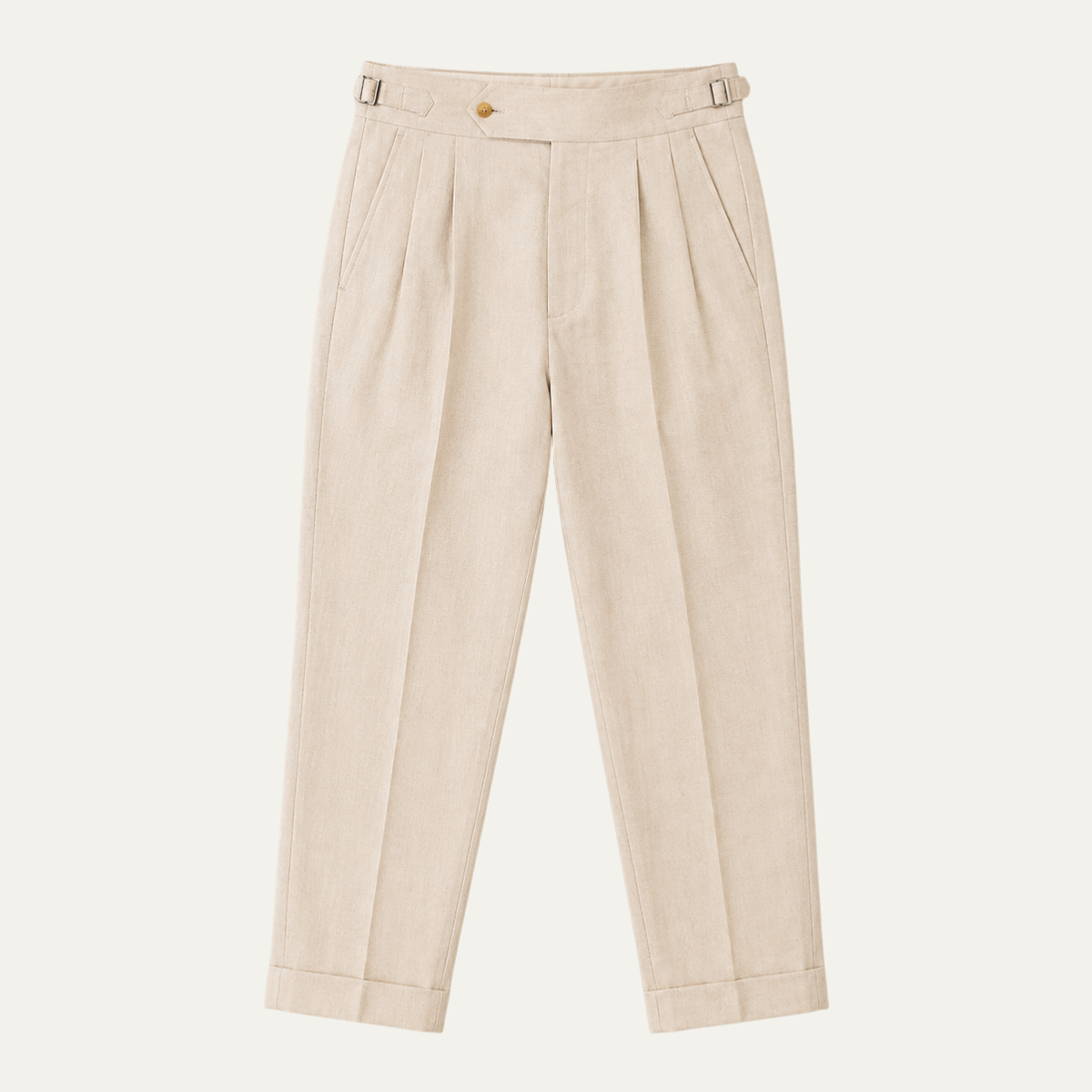 Beige men’s pleated linen tailored pants with belt loops and button fly
