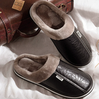 Dark brown faux leather slip-on slippers with plush lining and HOME patch