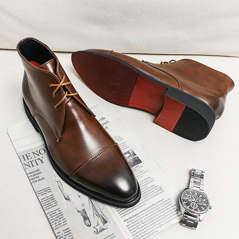 Gloss brown leather ankle dress boots, lace-up with pointed toe and low heel.
