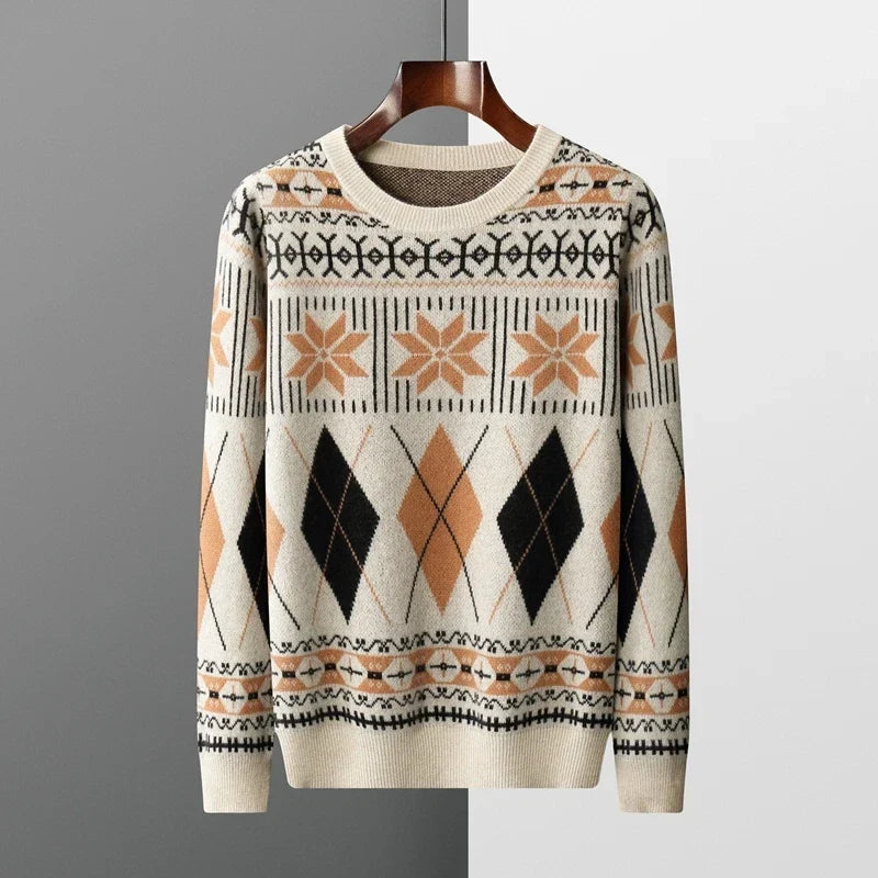 Wool Cashmere Blend Jacquard Crewneck Sweater for Men | Smart Casual Wear
