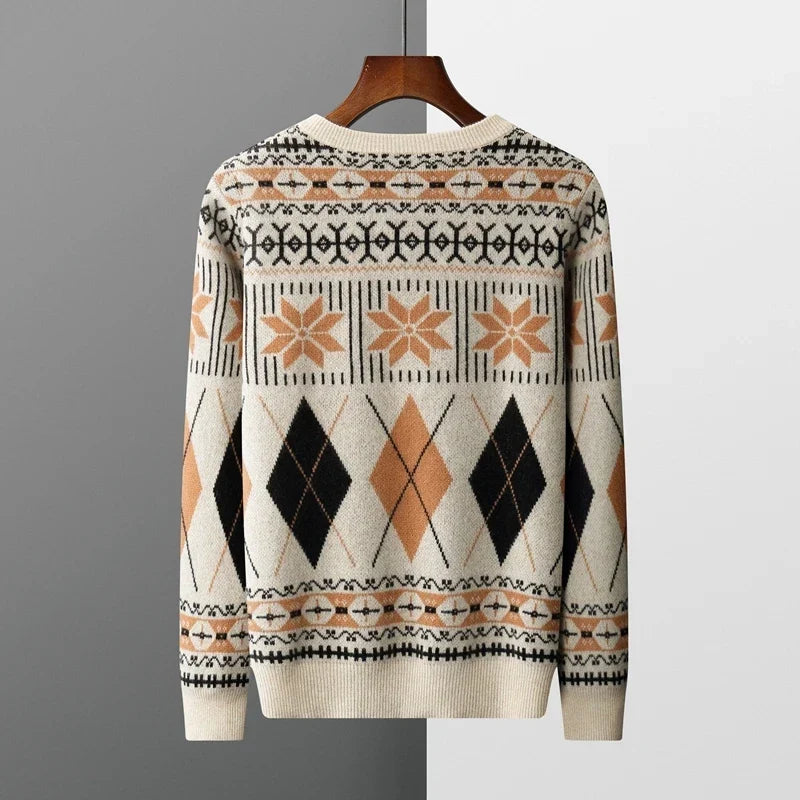Wool Cashmere Blend Jacquard Crewneck Sweater for Men | Smart Casual Wear