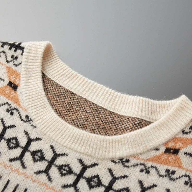 Wool Cashmere Blend Jacquard Crewneck Sweater for Men | Smart Casual Wear