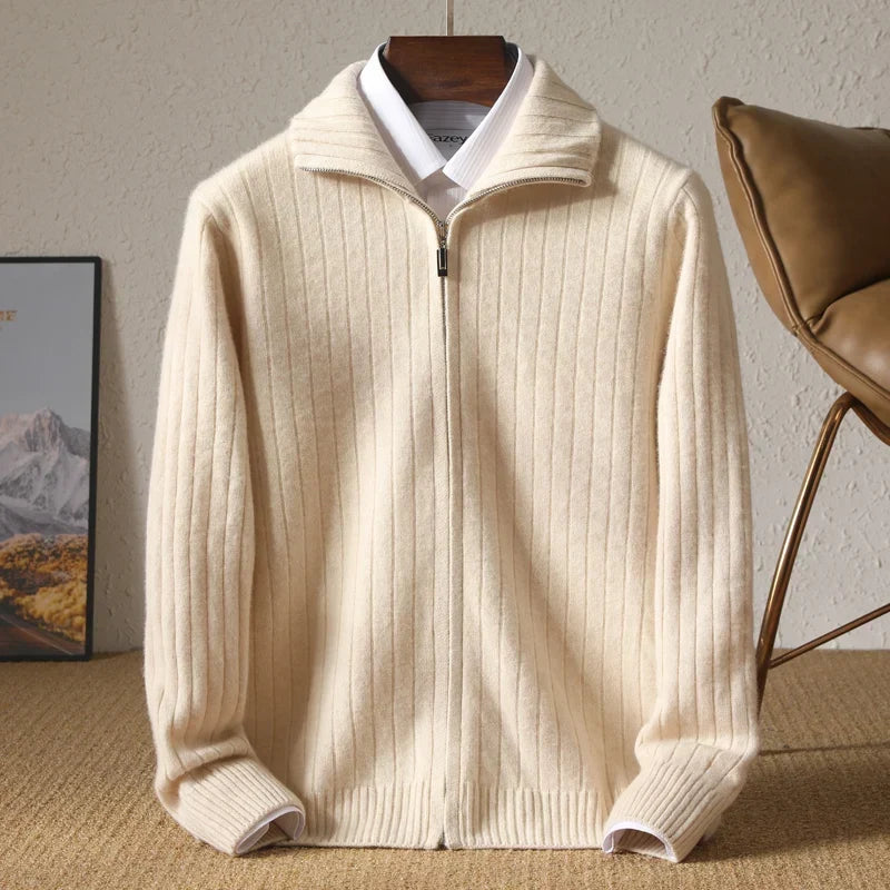 Ribbed Merino Wool Zip Up Cardigan for Men | Business Casual Wear